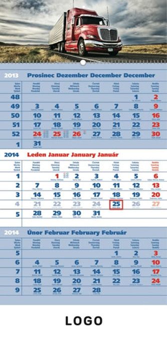 Kalendář 2014 - Truck šedý 3měsíční s českými jmény - nástěnný s prodlouženými zády