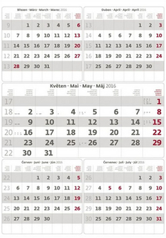 Kalendář nástěnný 2016 - Pětiměsíční - šedý
