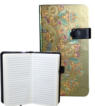 Zápisník s magnetickým klipem 85x160 mm zlatý s barevným ornamentem B