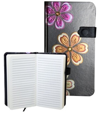 Zápisník s magnetickým klipem 85x160 mm černý s 3 květinami B