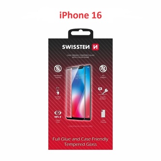 SKLO SWISSTEN FULL GLUE, COLOR FRAME, CASE FRIENDLY PRO APPLE IPHONE 16 ČERNÉ