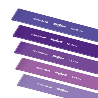 Latexová sada cvičebních pásů - Mini Band L, 2,3-18,2 kg, 5 pásů, fialová, REBEL ACTIVE