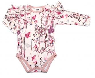 Baby Nellys Kojenecké body dlouhý rukáv s volánky Motýlci - růžová, vel. 74; 74 (6-9m)