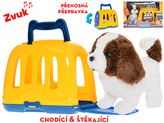 Pejsek plyšový 19cm na baterie chodící a štěkající s přepravkou v krabičce