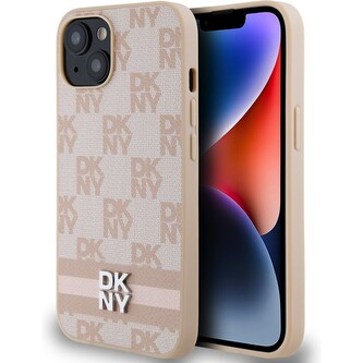 DKNY PU Leather Checkered Pattern and Stripe kryt iPhone 13 růžový