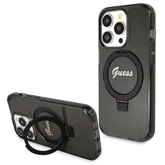 Etui Guess Ring Stand Script Glitter MagSafe na iPhone 14 Pro - czarne
