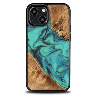 Etui Bewood Unique Turquoise z drewna i żywicy na iPhone 13 mini - turkusowo-czarne