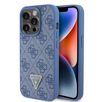 Etui Guess Leather 4G Triangle Strass do iPhone 15 Pro - niebieskie
