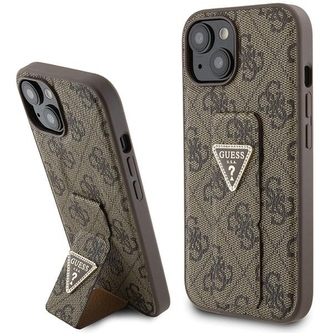 Etui Guess Grip Stand 4G Triangle Strass na iPhone 15 - brązowe