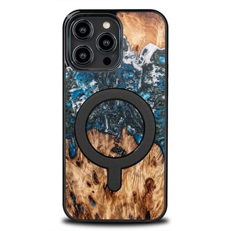 Etui Bewood Unique MagSafe Planeta Ziemia z drewna i żywicy na iPhone 14 Pro Max - niebiesko-zielone
