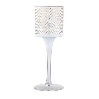 ŚKLENĚNÝ SVÍČNÍK BÍLÝ S ZLATOU VNITŘNOSTÍ NA NOŽCE 7X20CM DEKORACE GEOMETRICKÁ