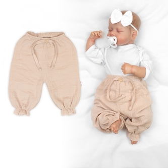 Mušelínové kalhoty Girl, Nature, béžové, vel. 62; 62 (2-3m)