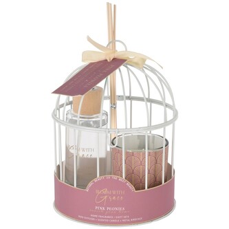 Dárková sada bílá klec, skleněný difuzér a vonná svíčka, pink