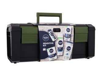 Nivea Men Sensitive pleťový krém Men Sensitive 75 ml + voda po holení Men Sensitive 100 ml + gel na holení Men Sensitive 200 ml + antiperspirant Invisible Black & White Fresh 50 ml + sprchový gel Men Sensitive 250 ml + kufr na nářadí