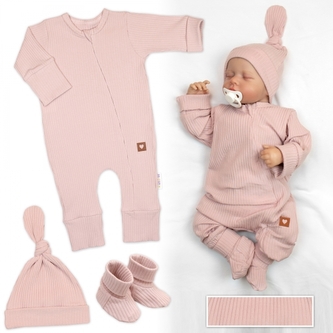 Rostoucí žebrovaný overálek, čepička a botičky, 3D, Nature - pudrově růžová, vel. 74/80; 74/80 (9-12m)