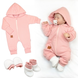 Bavlněný oteplený overálek s kapucí, rukavičky, botky, 3D sada Nature - korálová, vel. 62; 62 (2-3m)