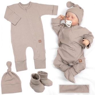 Rostoucí žebrovaný overálek, čepička a botičky, 3D, Nature - toffi, vel. 86/92; 86/92 (18-24m)