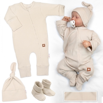 Rostoucí žebrovaný overálek, čepička a botičky, 3D, Nature - sv. béžová, vel. 62/68; 62/68 (3-6m)
