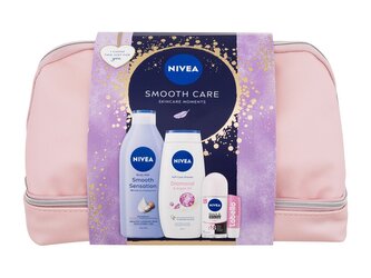 Nivea Smooth Care tělové mléko Smooth Sensation 400 ml + sprchový krém Diamond & Argan Oil 250 ml + antiperspirant Invisible Black & White Clear 50 ml + balzám na rty Labello Soft Rosé 4,8 g + kosmetická taštička