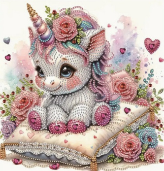 Diamantový obrázek na plátně 23 x 30 cm - Jednorožec na polštáři