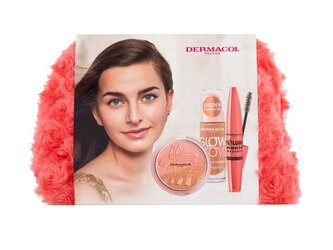 Dermacol Volume Mania řasenka Volume Mania 200% Volume 10,5 ml Black + rozjasňující pleťový fluid Glow Wow 20 ml + bronzující a rozjasňující pudr s tvářenkou 10,5 g + kosmetická taštička