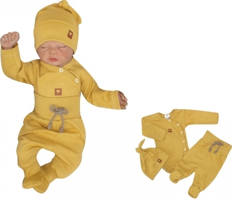 Z&Z 3-dílná soupravička body, polodupačky s provázkem a čepička - hořčicová, vel. 68; 68 (3-6m)