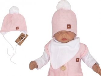 Z&Z Dvouvrstvá pletená čepice na zavazování s bambulí, růžová, vel. 68; 68 (3-6m)