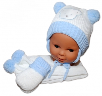 Sada - čepička, šál a rukavičky - Medvídek s bambulkami; 62-74 (3-9m)