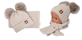 Zimní čepice s kožešinovými bambulemi + šál Star - béžová, 6/24 měsíců; 80-92 (12-24m)