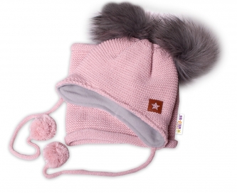 Zimní čepice s fleecem a chlupáčkové bambulky Star + komínek - pudrová; 68-86 (6-18m)