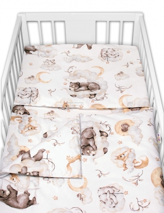 2-dílné bavlněné povlečení Baby Nellys, Zvířátka na mráčku, béžová/bílá; 120x90