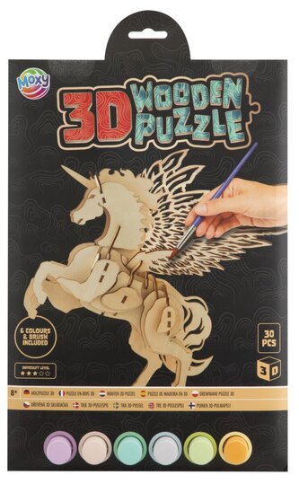 Dřevěné 3D puzzle 30 dílků + 6 ks akrylových barev - Pegas