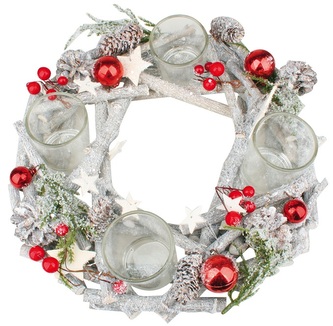 Adventní věnec šedý dřevěný z větviček s červenými baňkami 30 cm