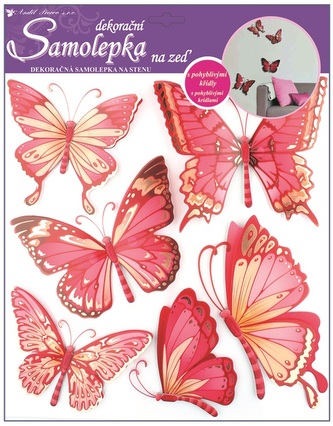 Samolepky na zeď 30,5 x 30,5 cm, růžoví motýli s pohyblivými křídly