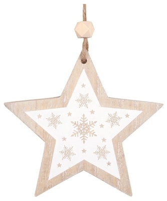 Hvězda s bílým potiskem dřevěná na zavěšení 12 x 12 x 1 cm