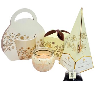 ARÔME Vánoční dárkový set - hrnek, čaj a svíčka Vločky