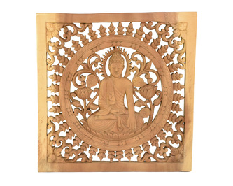 Závěsná dřevěná dekorace Buddha - Bhumisparsa mudra - dvoubarevná - 40 x 40 cm