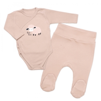 Zavinovací, žebrované kojenecké body + polodupačky Ovečka 2D, béžová, vel. 62; 62 (2-3m)