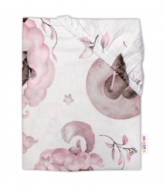 Dětské bavlněné prostěradlo do postýlky Baby Nellys, Zvířátka na mráčku, růžové; 120x60