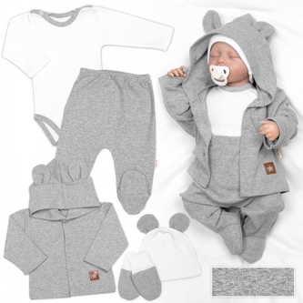 Žebrovaná sada, Star 5D, body, polodupačky, kabátek, čepička, rukavice - šedá, bílá, 68
; 68 (3-6m)