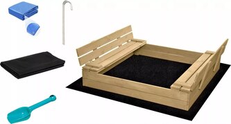 SAND TROPIC Dřevěné pískoviště s lavičkami a příslušenstvím 120x120cm (přírodní)