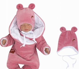 Z&Z Velurová čepice na zavazování s oušky, pudrová; 56/62 (0-3m)