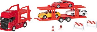 Samochody zabawki Transporter z lawetą Super Truck Scania V8 i 3 metalowe autka Goki