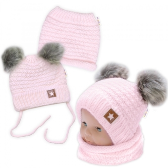 Zimní pletená čepice Star s fleecem a chlupáčkové bambulky+komínek 2D sada, růžová; 98-104 (2-4r)