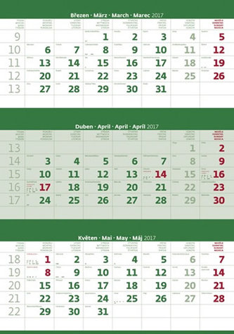 Kalendář nástěnný 2017 - 3měsíční/zelený s jmenným kalendáriem