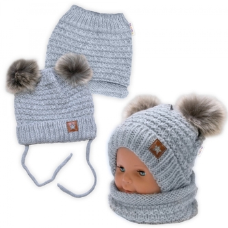 Zimní pletená čepice Star s fleecem a chlupáčkové bambulky+komínek 2D sada, šedý melírek; 98-104 (2-4r)