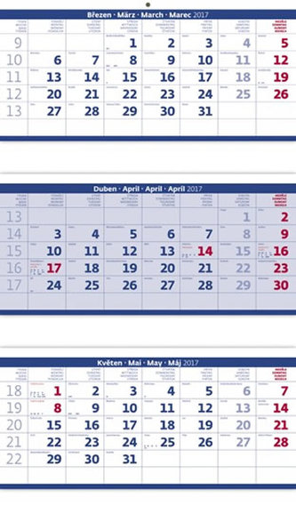 Kalendář nástěnný 2017 - 3měsíční/modrý skládaný s jmenným kalendáriem
