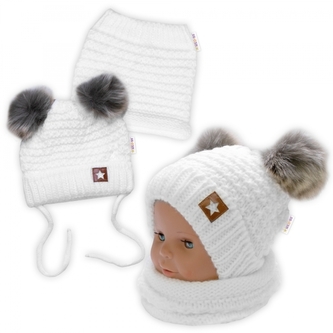 Zimní pletená čepice Star s fleecem a chlupáčkové bambulky+komínek 2D sada, bílá; 98-104 (2-4r)