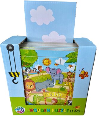 Dřevěné puzzle, 9 dílků, 15x15cm 15ks v boxu, 5 motivů cena za kus Dřevěné puzzle, 9 dílků, 15x15cm 15ks v boxu, 5 motivů cena za kus