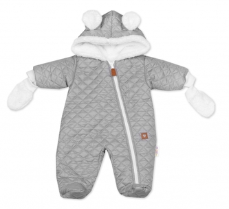 Zimní prošívaná kombinéza s chlupáčkovou podšívkou + rukavičky, Love, šedá, vel. 74; 74 (6-9m)
